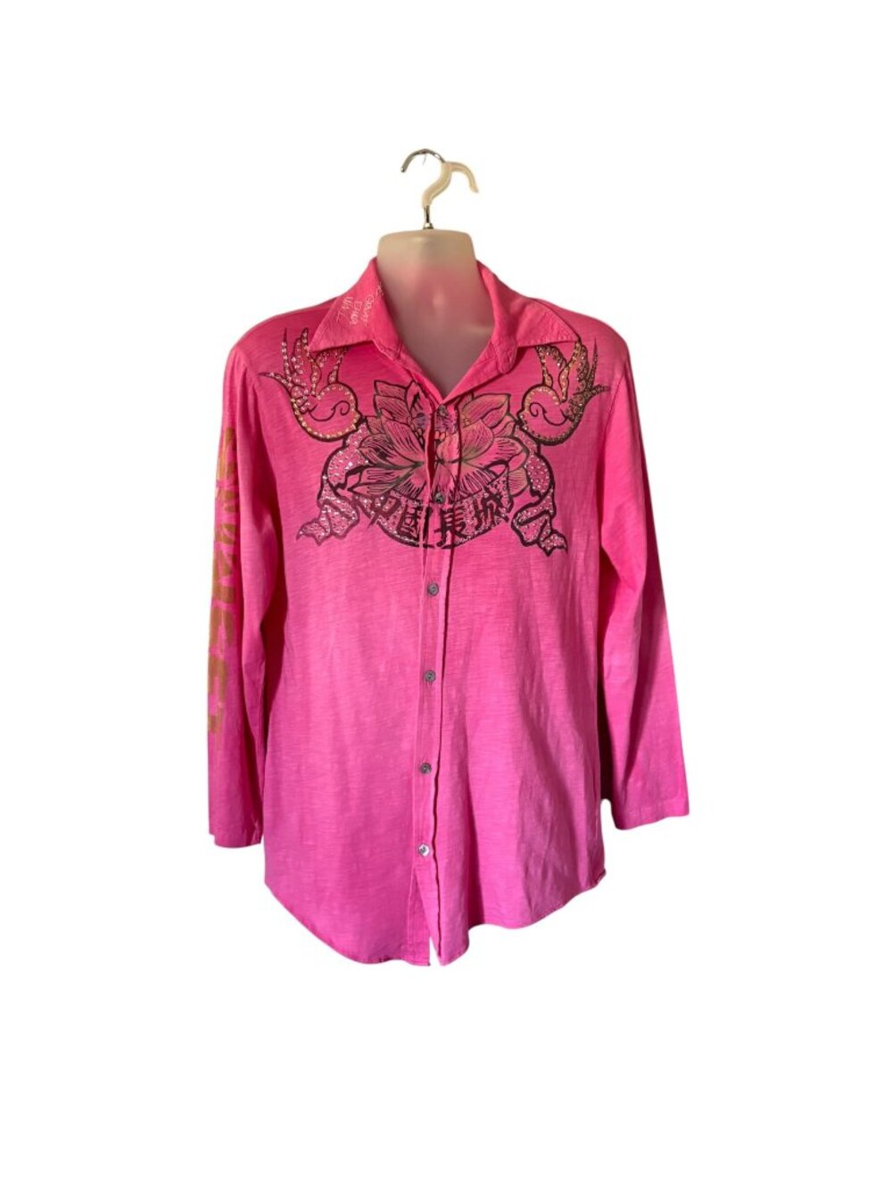 The Great China Wall Long Sleeve Embellished Shirt Top Mens Pink Medium Rare